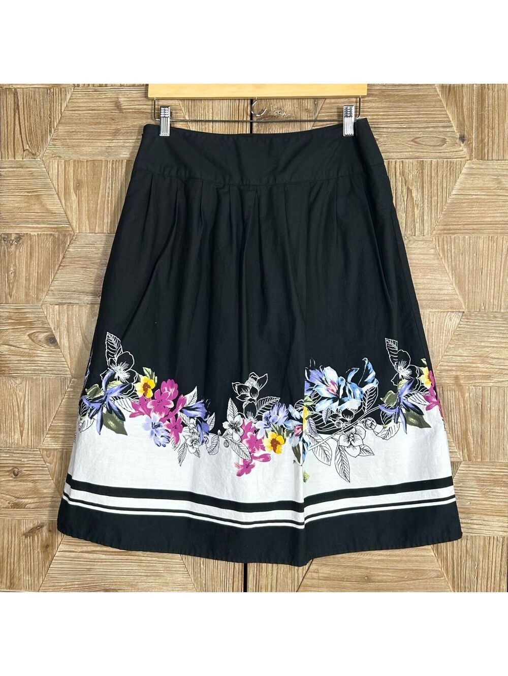 Christopher & Banks Womens Size 10 Black Floral Cotton Midi Skirt Cottagecore
